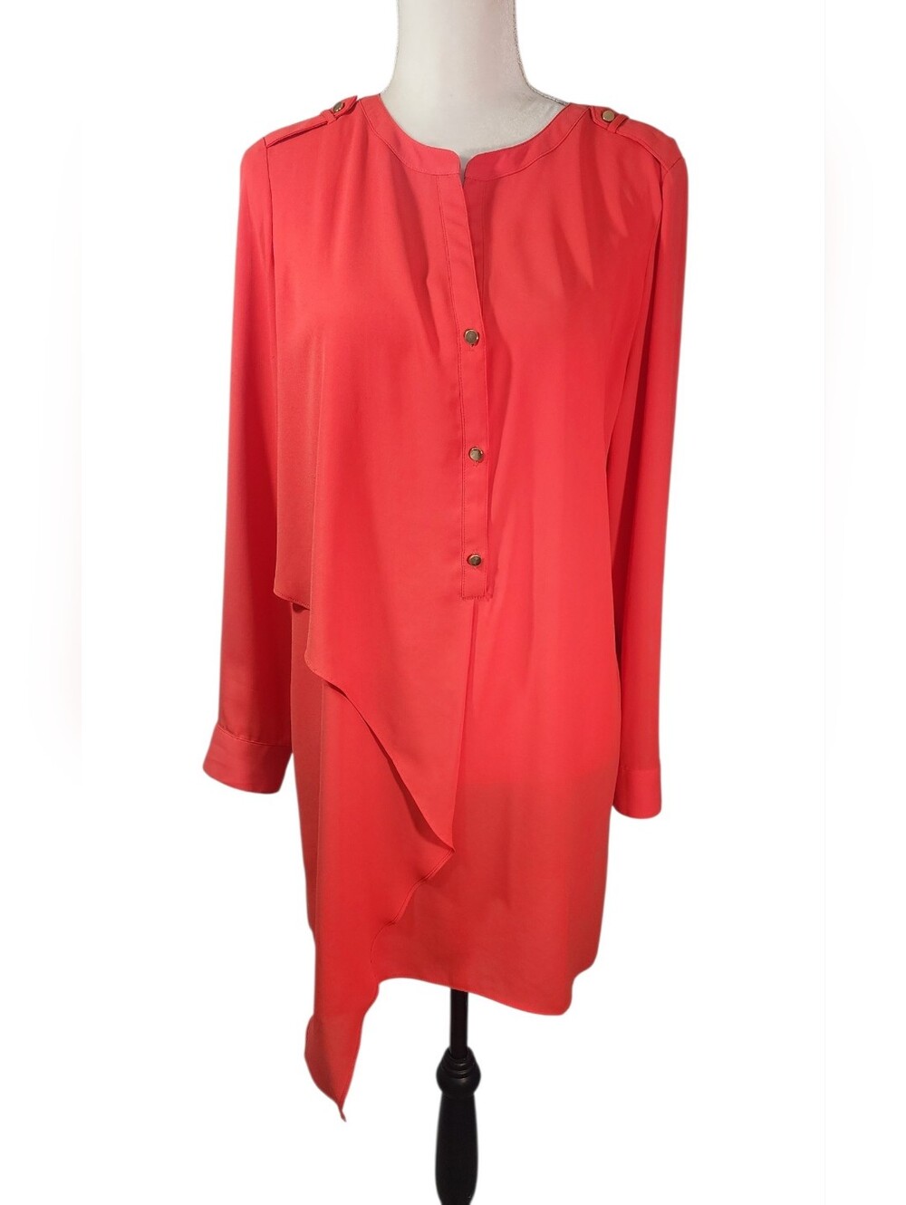 Chico's Asymmetrical Layered Hem Tunic Top Orange Red Roll Tab Sleeve. 1